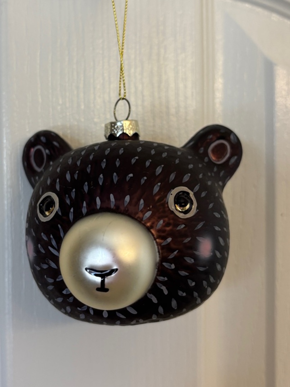 Bear Head Whimsical Glass Holiday Ornament ~ Brown and Gold ~